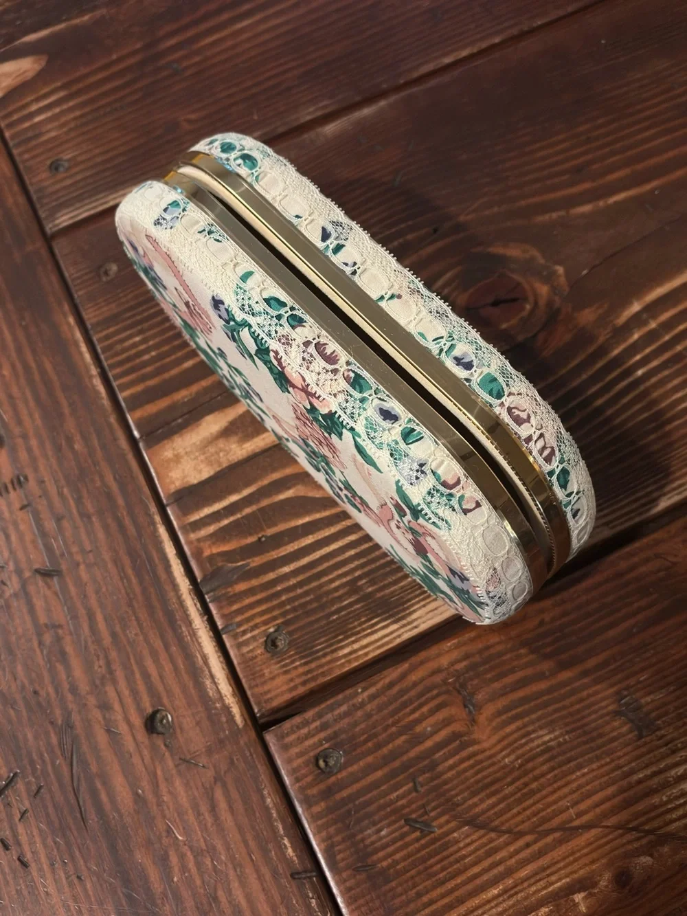 Vintage Floral Fabric withGold & Lace Accent Oval Jewelry Case 8”x4”